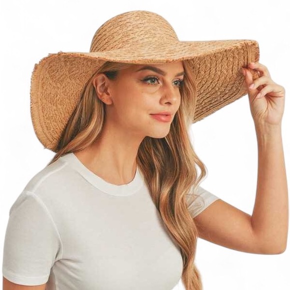 Tan Wide Brim Straw Sun Hat - Picture 1 of 3